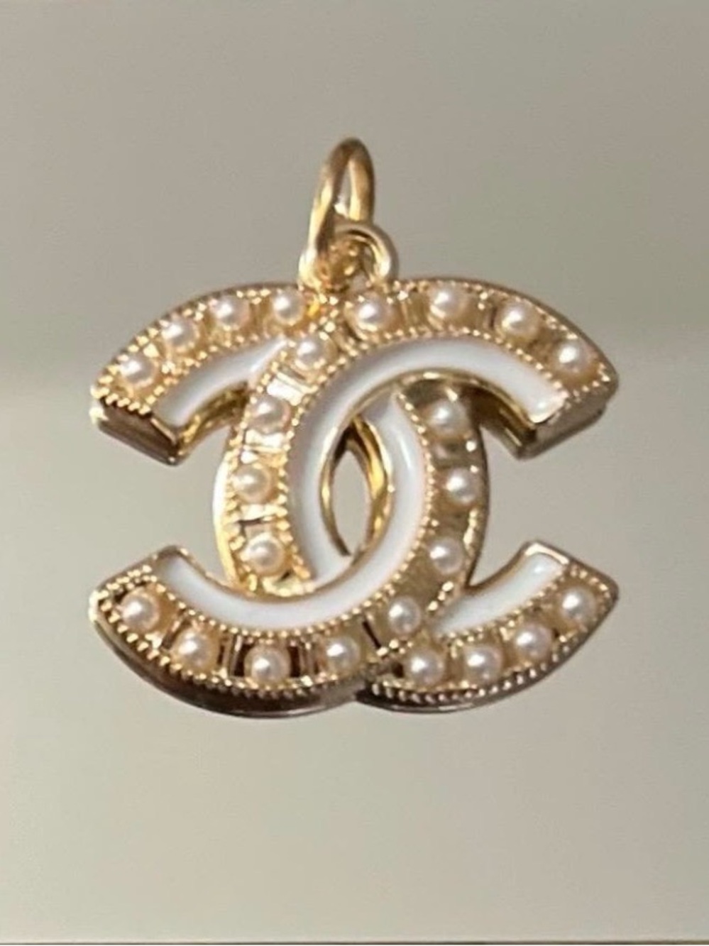Chanel-stamped Gold & White Pearl CC Pendant Charm